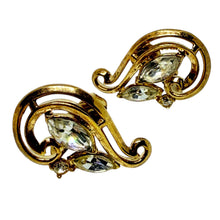Load image into Gallery viewer, TRIFARI crown gold tone rhinestone designer clip on earrings
