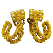 Load image into Gallery viewer, TRIFARI crown signed gold plated faux pearl clip on designer earrings
