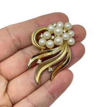 Load image into Gallery viewer, TRIFARI crown signed gold plated faux pearls rhinestones flower designer brooch
