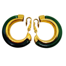 Load image into Gallery viewer, TRIFARI crown signed gold tone green lucite hoop designer clip on earrings
