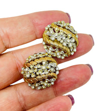 Load image into Gallery viewer, TRIFARI crown signed gold tone rhinestone designer clip on earrings
