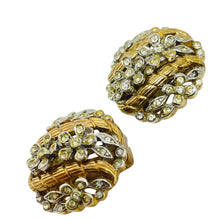 Load image into Gallery viewer, TRIFARI crown signed gold tone rhinestone designer clip on earrings
