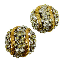 Load image into Gallery viewer, TRIFARI crown signed gold tone rhinestone designer clip on earrings
