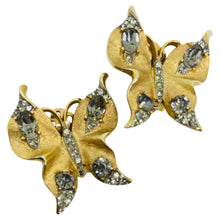 Load image into Gallery viewer, TRIFARI crown signed vintage gold rhinestone butterfly designer clip on earrings
