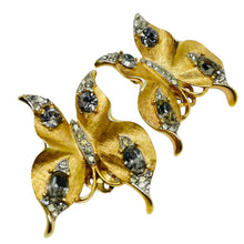 Load image into Gallery viewer, TRIFARI crown signed vintage gold rhinestone butterfly designer clip on earrings
