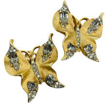 Load image into Gallery viewer, TRIFARI crown signed vintage gold rhinestone butterfly designer clip on earrings
