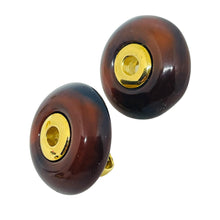 Load image into Gallery viewer, TRIFARI crown signed vintage gold tone amber lucite designer clip on earrings
