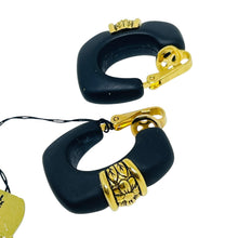Load image into Gallery viewer, TRIFARI crown signed vintage gold tone black resin designer clip on earrings
