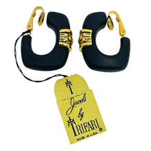 Load image into Gallery viewer, TRIFARI crown signed vintage gold tone black resin designer clip on earrings
