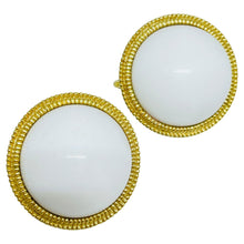 Load image into Gallery viewer, TRIFARI crown signed vintage gold tone white cabochon designer clip on earrings
