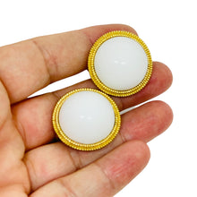 Load image into Gallery viewer, TRIFARI crown signed vintage gold tone white cabochon designer clip on earrings
