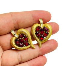 Load image into Gallery viewer, TRIFARI crown signed vintage heart gold red rhinestone designer clip on earrings
