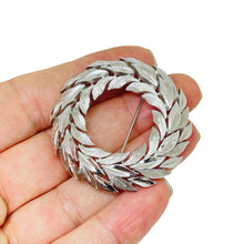 Load image into Gallery viewer, TRIFARI crown signed vintage silver tone leaf wreath designer brooch
