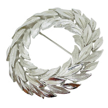 Load image into Gallery viewer, TRIFARI crown signed vintage silver tone leaf wreath designer brooch
