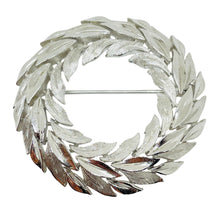 Load image into Gallery viewer, TRIFARI crown signed vintage silver tone leaf wreath designer brooch
