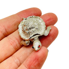 Load image into Gallery viewer, TRIFARI crown signed vintage silver tone ruby eyes turtle figural brooch
