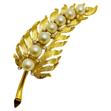 Load image into Gallery viewer, TRIFARI crown vintage sugned leaf gold rhinestone pearls designer brooch
