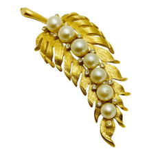 Load image into Gallery viewer, TRIFARI crown vintage sugned leaf gold rhinestone pearls designer brooch
