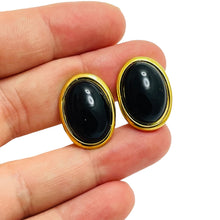 Load image into Gallery viewer, TRIFARI signed gold tone black glass designer clip on earrings
