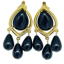 Load image into Gallery viewer, TRIFARI signed vintage gold tone blue black lucite drop clip on earrings
