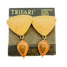Load image into Gallery viewer, TRIFARI signed vintage gold tone enamel designer dangle earrings
