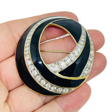 Load image into Gallery viewer, TRIFARI signed vintage gold tone rhinestone enamel designer brooch
