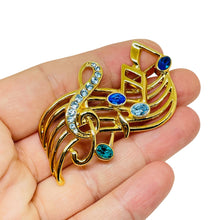 Load image into Gallery viewer, TRIFARI signed vintage gold tone rhinestone musical notes designer brooch
