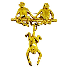 Load image into Gallery viewer, TRIFARI signed vintage gold tone three monkeys designer brooch
