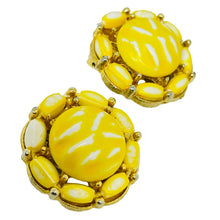 Load image into Gallery viewer, Vintae gold tone yellow white art glass designer clip on earrings
