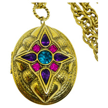 Load image into Gallery viewer, Vintage 1928 signed gold tone rhinestones designer chain locket pendant necklace
