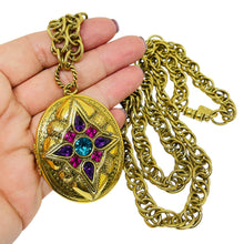 Load image into Gallery viewer, Vintage 1928 signed gold tone rhinestones designer chain locket pendant necklace
