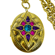 Load image into Gallery viewer, Vintage 1928 signed gold tone rhinestones designer chain locket pendant necklace
