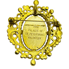 Load image into Gallery viewer, Vintage 1996 signed gold tone enamel designer brooch pendant
