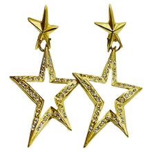 Load image into Gallery viewer, Vintage 80’s gold stars rhinestone designer dangle clip on earrings
