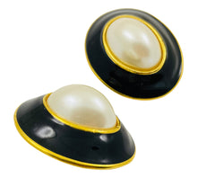 Load image into Gallery viewer, Vintage ANNE KLEINN gold enamel pearl runway designer clip on earrings
