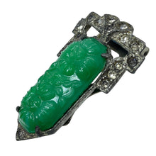 Load image into Gallery viewer, Vintage ART DECO glass jade rhinestone silver tone fur clip
