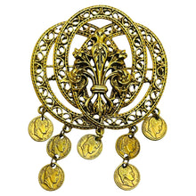 Load image into Gallery viewer, Vintage ART signed gold tone dangle coin charms designer brooch
