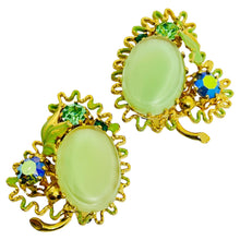Load image into Gallery viewer, Vintage AUSTRIA gold tone enamel green glass designer clip on earrings
