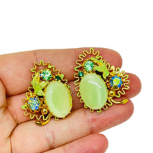 Load image into Gallery viewer, Vintage AUSTRIA gold tone enamel green glass designer clip on earrings
