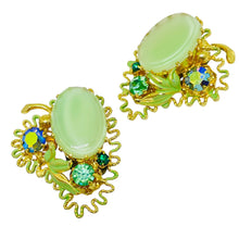 Load image into Gallery viewer, Vintage AUSTRIA gold tone enamel green glass designer clip on earrings
