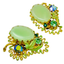 Load image into Gallery viewer, Vintage AUSTRIA gold tone enamel green glass designer clip on earrings
