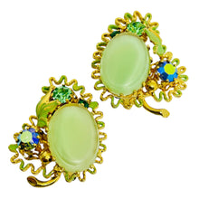 Load image into Gallery viewer, Vintage AUSTRIA gold tone enamel green glass designer clip on earrings
