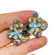 Load image into Gallery viewer, Vintage AUSTRIA gold tone enamel rhinestone flower designer clip on earrings
