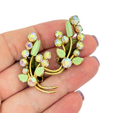 Load image into Gallery viewer, Vintage AUSTRIA gold tone green enamel rhinestone  designer clip on earrings
