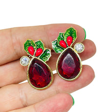 Load image into Gallery viewer, Vintage AVON gold tone Christmas enamel rhinestone designer clip on earrings
