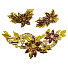 Load image into Gallery viewer, Vintage AVON signed gold enamel designer flower earrings brooch set
