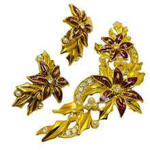 Load image into Gallery viewer, Vintage AVON signed gold enamel designer flower earrings brooch set
