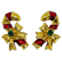 Load image into Gallery viewer, Vintage AVON signed gold tone enamel rhinestone Christmas designer earrings
