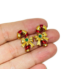 Load image into Gallery viewer, Vintage AVON signed gold tone enamel rhinestone Christmas designer earrings
