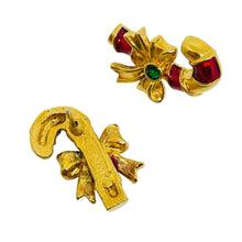 Load image into Gallery viewer, Vintage AVON signed gold tone enamel rhinestone Christmas designer earrings
